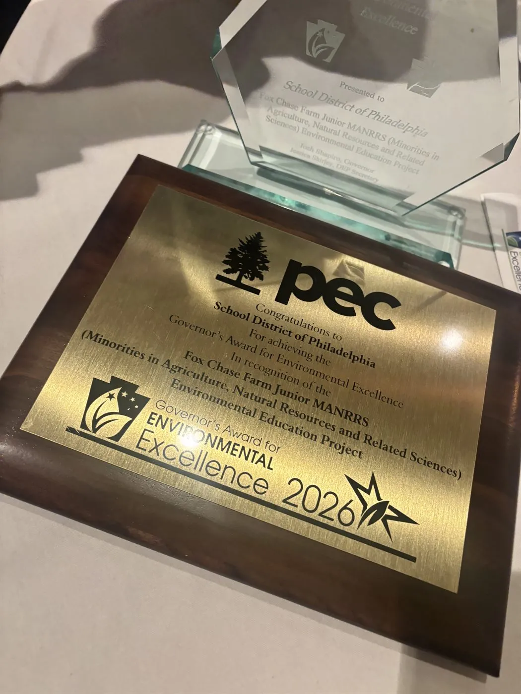 The 2026 Governor's Award for Environmental Excellence plaque and trophy recognizing the School District of Philadelphia